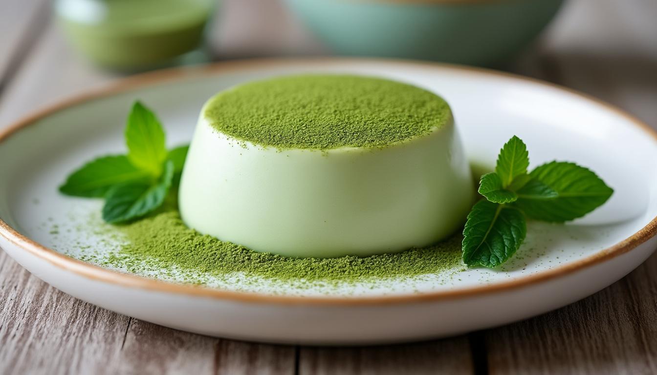 découvrez la panna cotta au thé matcha, un dessert léger et onctueux, parfait pour toutes vos occasions. sa saveur délicate et sa texture crémeuse vous séduiront à chaque bouchée. à déguster sans modération !
