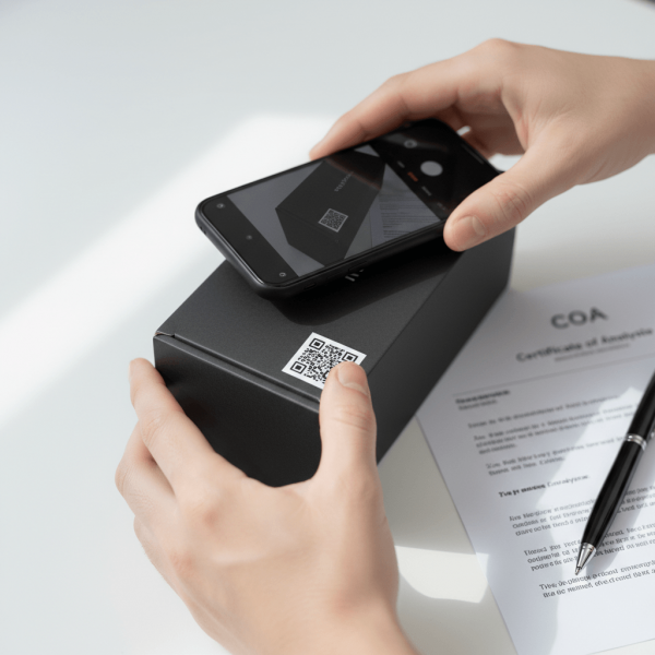 Main scannant QR code sur emballage CBD pour vérifier le certificat d'analyse de conformité THC