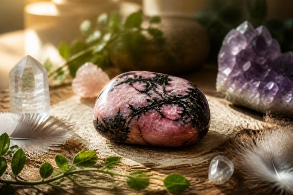 découvrez les vertus spirituelles de la rhodonite dans ce guide pour débutants en lithothérapie et apprenez à utiliser cette pierre pour harmoniser vos émotions.