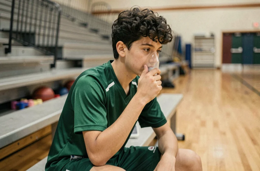 Adolescent asthmatique utilisant un inhalateur de secours sur un banc de gymnase après un effort sportif