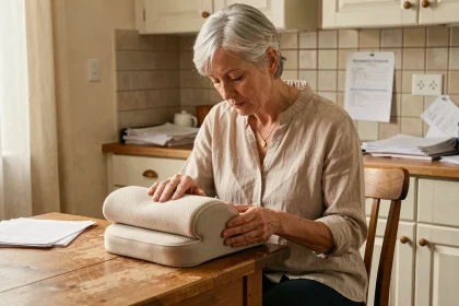 Femme de 60 ans avec coussin lombaire ergonomique à domicile, aide technique pour discopathie dégénérative