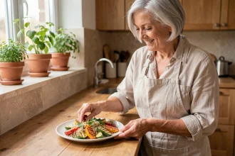 Femme de 60 ans préparant une assiette équilibrée et colorée adaptée au diabète de type 2 dans une cuisine moderne en bois