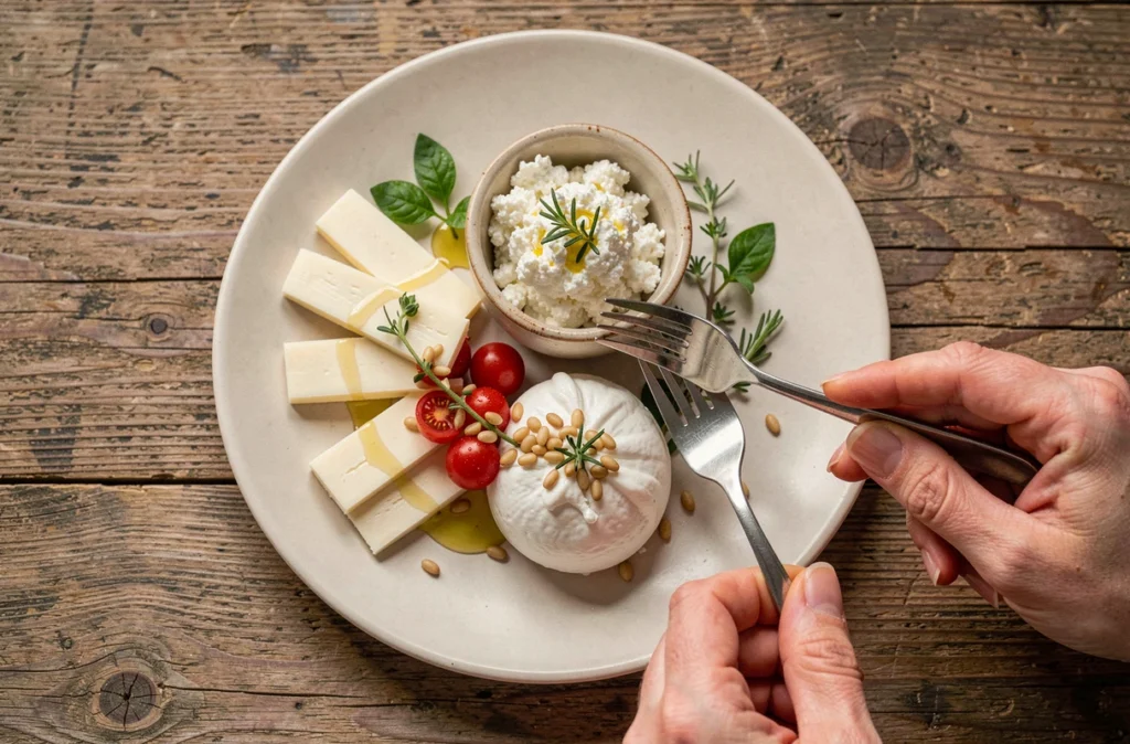 Assiette d'alternatives saines à la mozzarella di bufala pour femme enceinte avec ricotta et tomates cerises