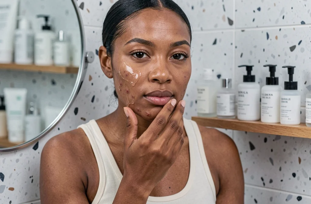 Femme appliquant un gel soin sur son acné hormonale devant un miroir de salle de bain moderne