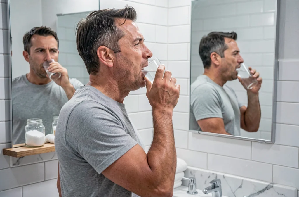 Homme se rinçant la bouche avec de l'eau salée comme traitement naturel contre les aphtes