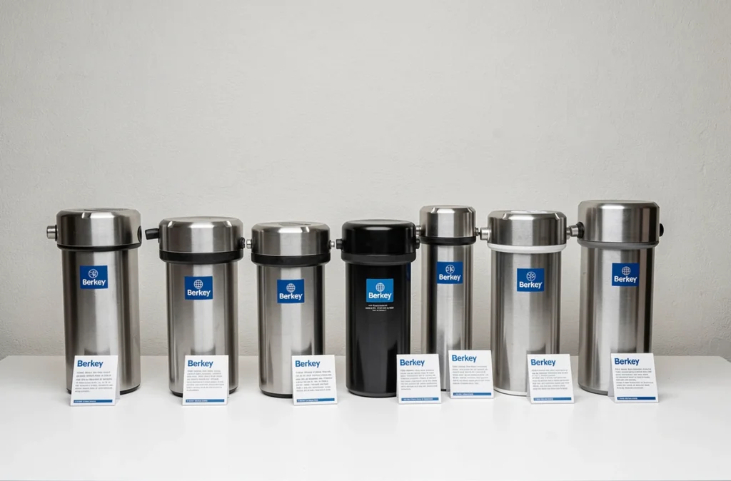 Comparaison de plusieurs modèles de filtres à eau Berkey de différentes tailles alignés sur une surface blanche
