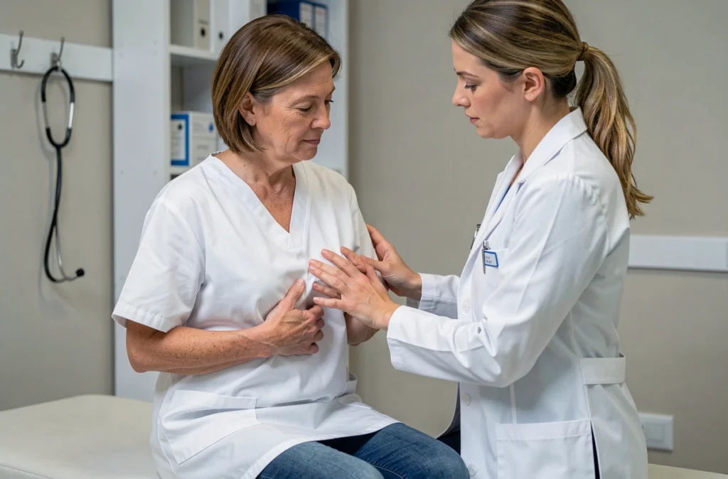 Femme consultée par une médecin pour douleur sous les côtes du côté droit lors d'un examen clinique