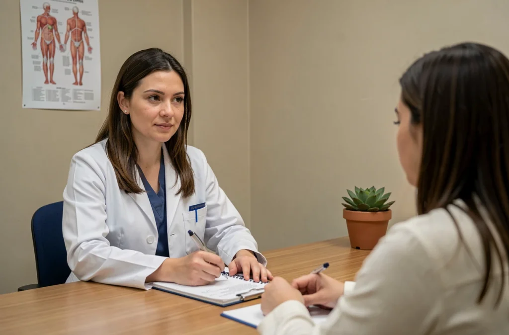 Médecin femme en consultation avec une patiente dans un cabinet médical, évoquant le suivi professionnel des premiers signes de grossesse