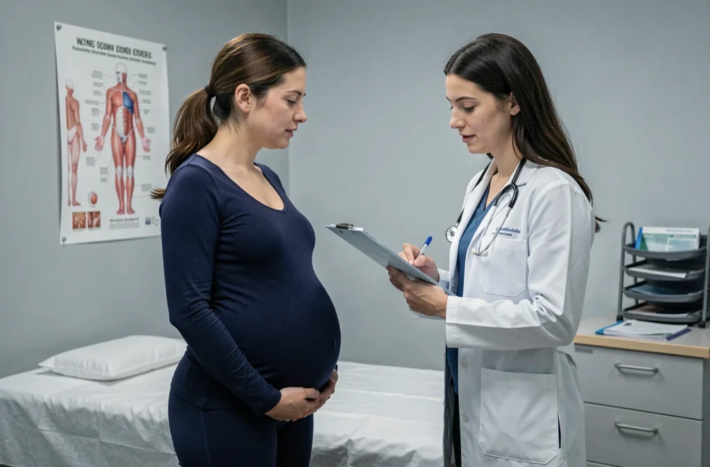 Femme enceinte au troisième trimestre en consultation médicale avec une gynécologue discutant des changements hormonaux