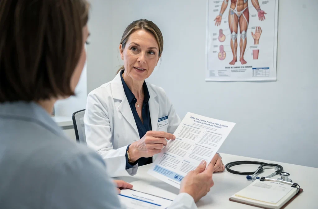 Gynécologue expliquant l'importance de l'acide folique à une patiente enceinte lors d'une consultation prénatale