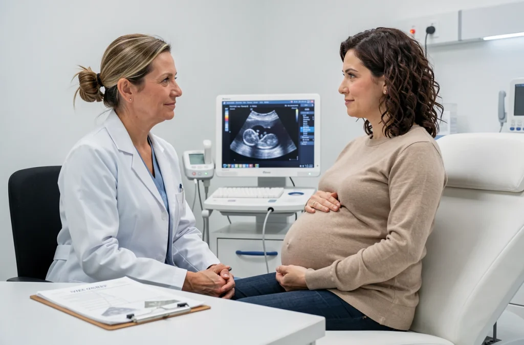 Médecin obstétricienne et patiente enceinte examinant une échographie fœtale lors d'une consultation prénatale