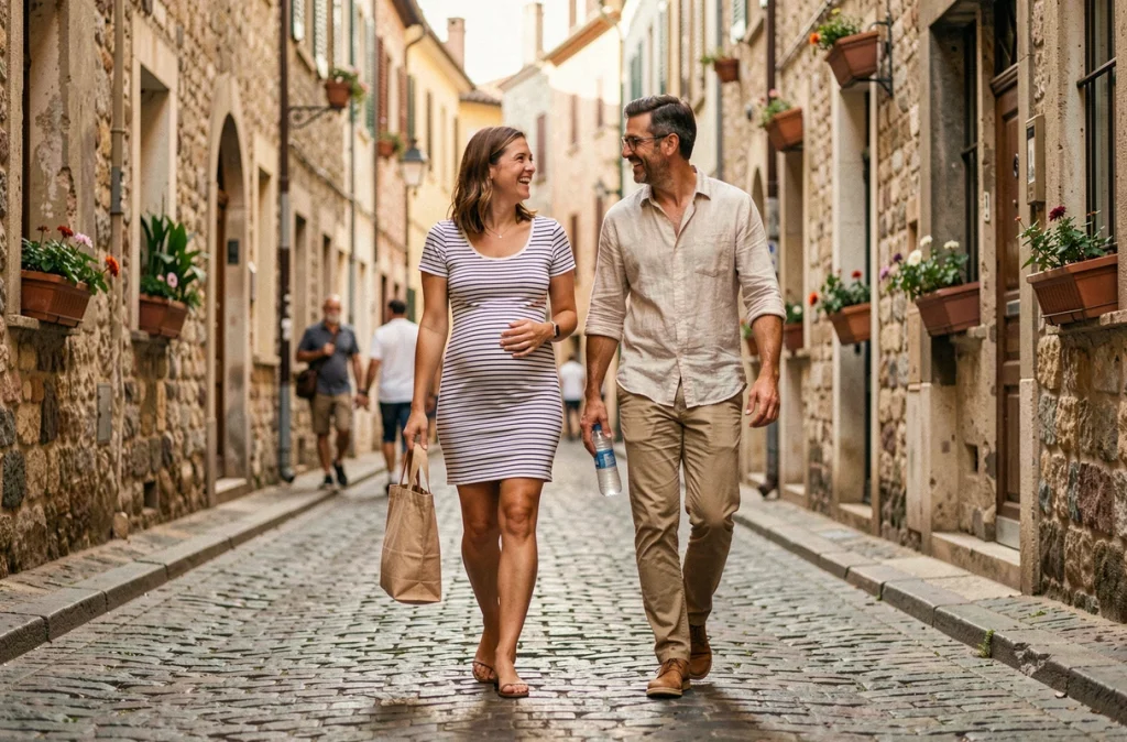 Femme enceinte et son partenaire se promenant dans une rue pavée européenne, atmosphere de voyage détendue et sécurisée en couple