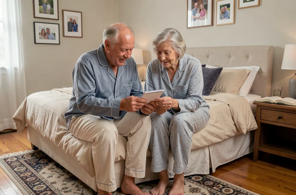 Couple de seniors consultant un journal de sommeil assis sur leur lit, illustrant les bonnes habitudes de sommeil pour préserver la mémoire avec l'âge
