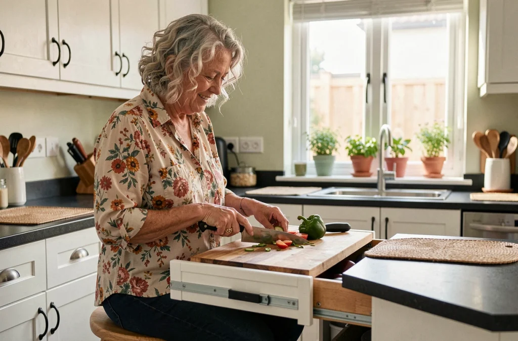 Femme senior préparant un repas dans une cuisine aménagée avec des plans de travail adaptés pour favoriser son autonomie quotidienne