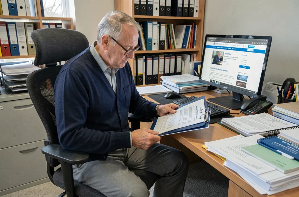 Homme en situation de handicap remplissant un dossier MDPH pour discopathie lombaire à son bureau adapté