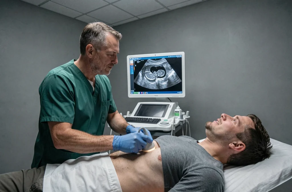 Radiologue effectuant une échographie abdominale sur un patient pour diagnostiquer une douleur du côté droit du ventre