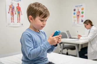 Jeune garçon tenant un inhalateur pour l'asthme lors d'une consultation pédiatrique dans une clinique moderne