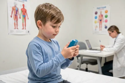 Jeune garçon tenant un inhalateur pour l'asthme lors d'une consultation pédiatrique dans une clinique moderne
