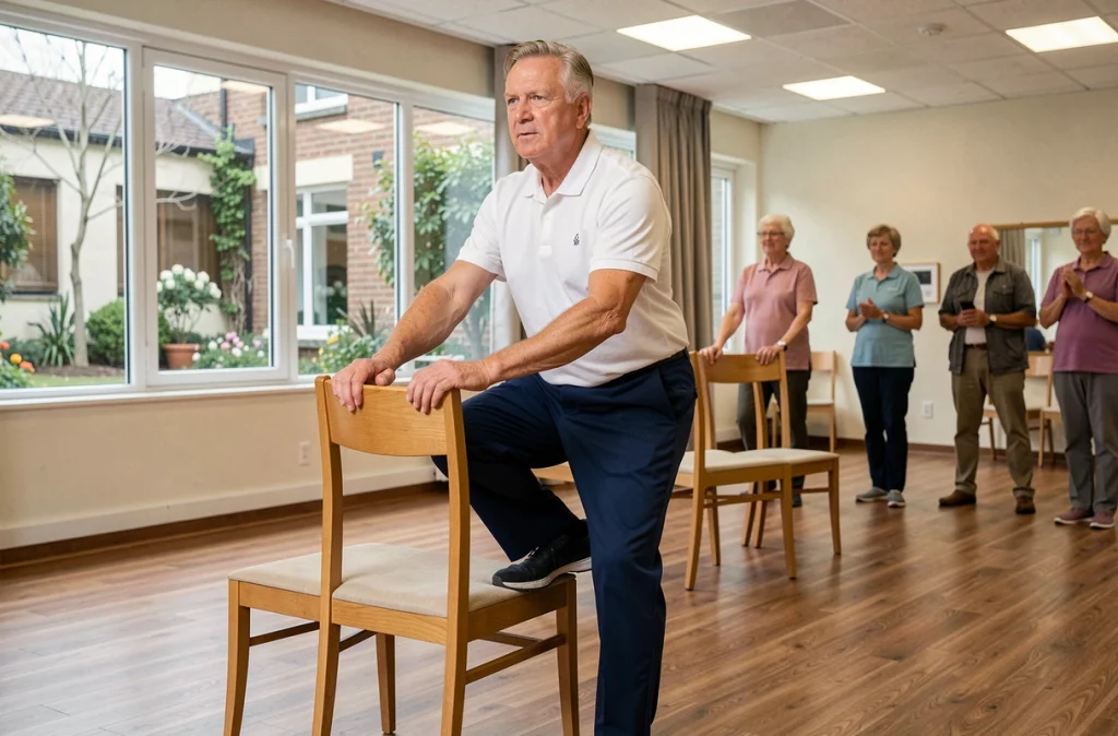 Un homme âgé participant à un cours d'exercices d'équilibre doux dans un centre communautaire pour seniors