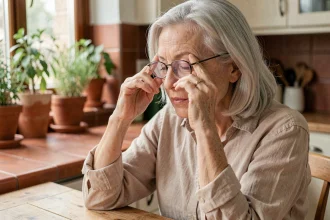 Femme âgée effectuant un exercice oculaire simple à la maison pour protéger sa vue en vieillissant