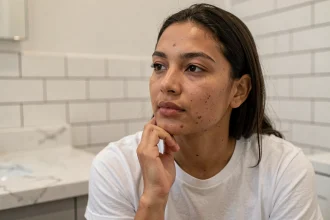 Jeune femme touchant sa mâchoire avec des boutons d'acné hormonale dans une salle de bain minimaliste