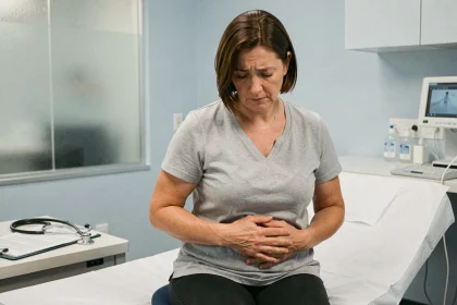 Femme d'âge moyen tenant son côté droit du ventre lors d'une consultation médicale, illustrant des douleurs abdominales récurrentes