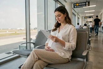 Femme enceinte assise dans un aéroport moderne lisant des documents de voyage, une main posée sur son ventre, ambiance calme et réaliste