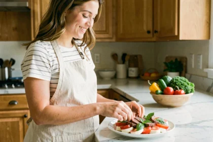 Femme enceinte préparant une salade caprese avec une alternative à la mozzarella di bufala dans une cuisine lumineuse