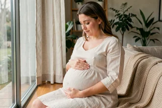 Femme enceinte au deuxième trimestre tenant son ventre arrondi près d'une fenêtre lumineuse dans un salon moderne