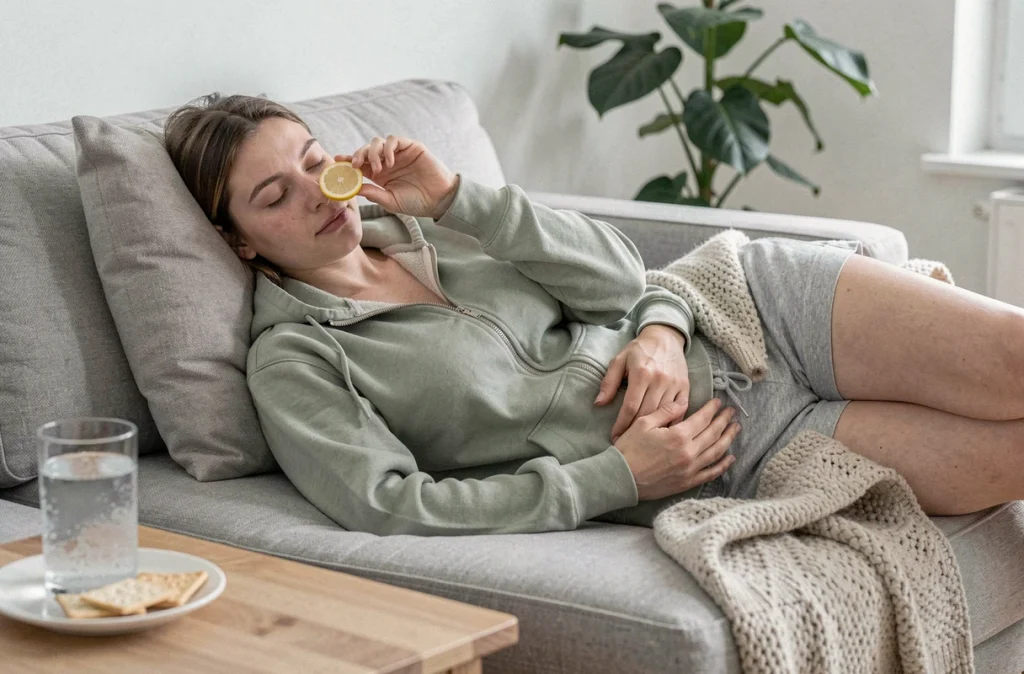 Femme enceinte allongée sur le canapé se reposant avec une tranche de citron pour atténuer les nausées matinales