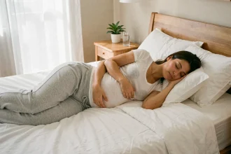 Femme enceinte dormant paisiblement sur le côté dans une chambre lumineuse, illustrant l'importance du sommeil pendant la grossesse