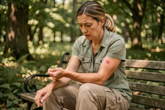 Femme examinant une éruption cutanée circulaire rouge sur son avant-bras en forêt, signe précoce possible de la maladie de Lyme