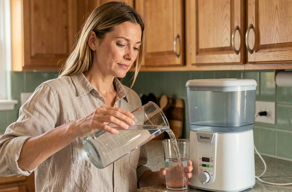 Femme versant de l'eau filtrée depuis un filtre Berkey dans un verre dans une cuisine chaleureuse