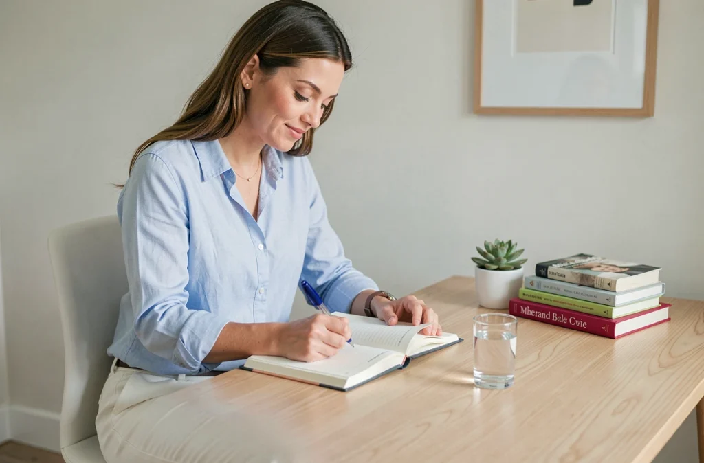 Femme écrivant dans un journal personnel à un bureau en bois ordonné dans un bureau à domicile, représentant la planification consciente et le mieux-vivre au quotidien
