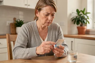 Femme lisant la notice d'un médicament en gouttes pour vérifier la posologie en cas de surdosage accidentel