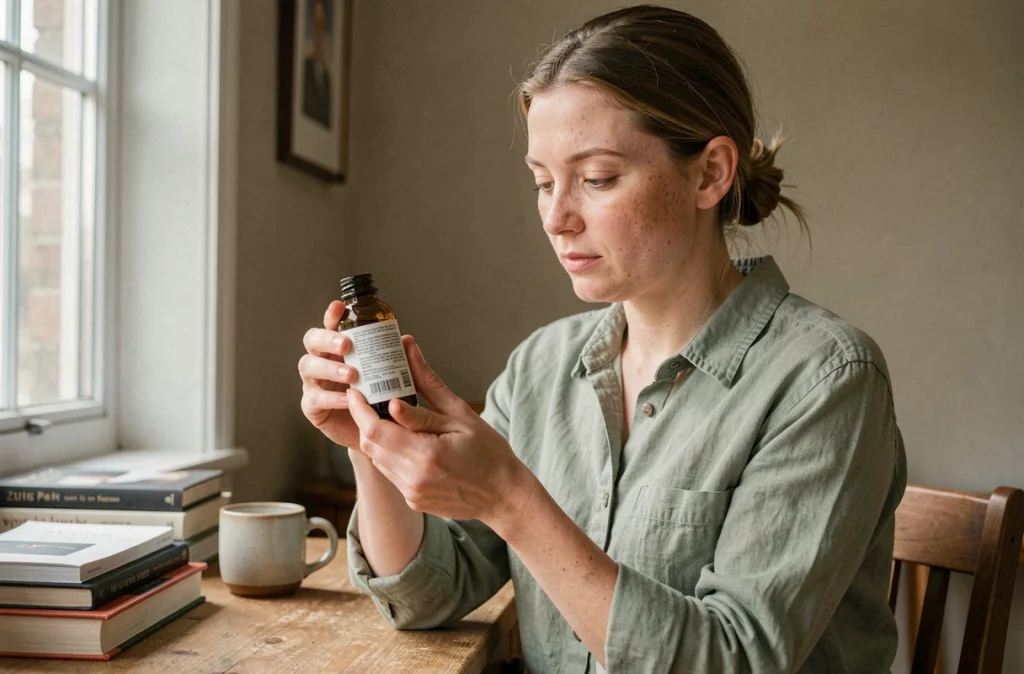Femme analysant un produit de soin pour l'acné hormonale à son bureau à la maison