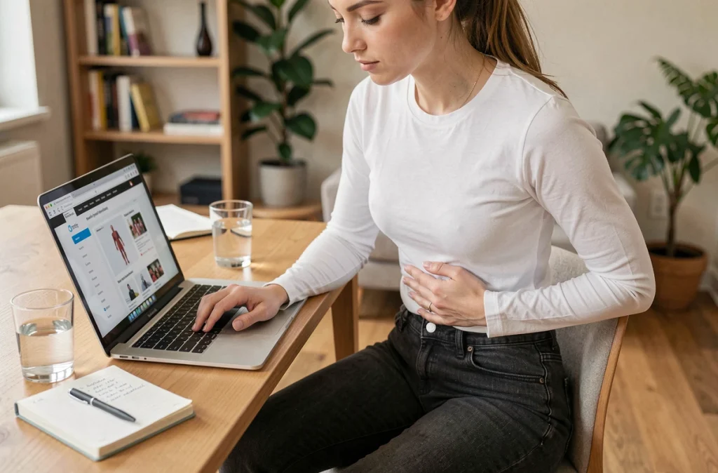 Jeune femme cherchant des informations sur les douleurs récurrentes du côté droit du ventre sur son ordinateur portable à domicile