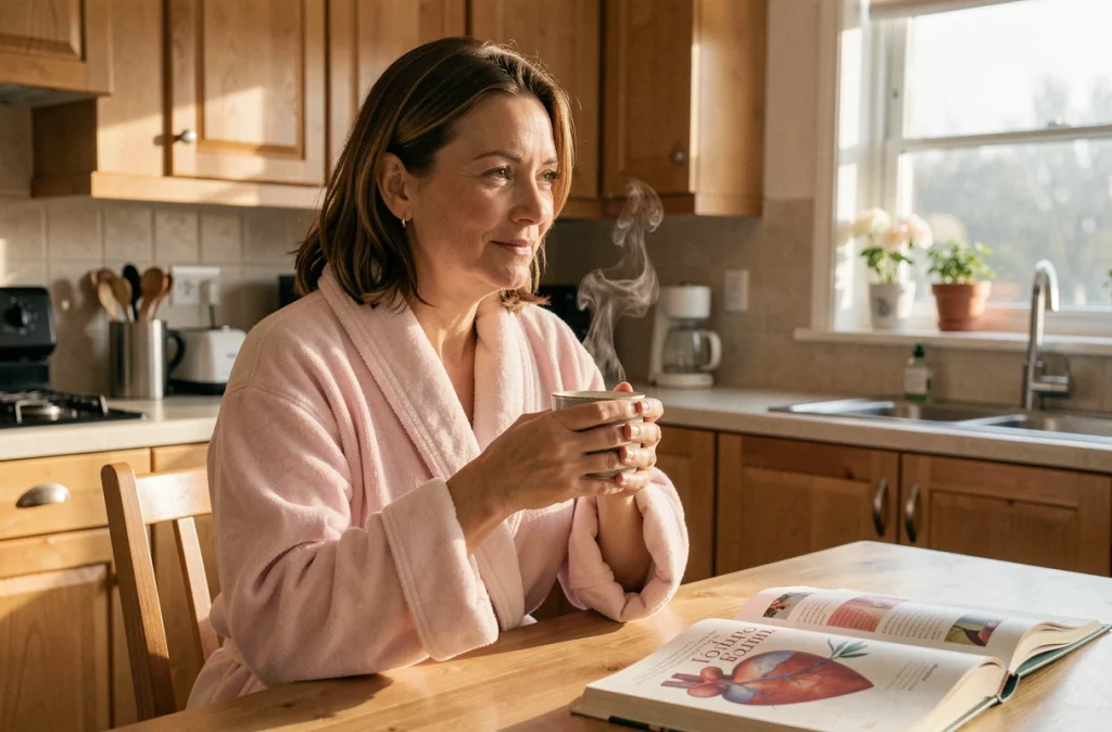 Femme reposée le matin tenant une tasse de thé dans une cuisine lumineuse, symbolisant les bienfaits d'un bon sommeil sur le cœur