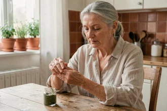 Femme retraitée soulageant ses douleurs articulaires avec une crème naturelle aux herbes à la maison