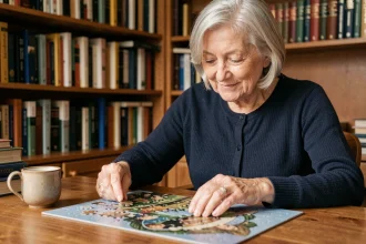 Femme retraitée aux cheveux argentés concentrée sur un puzzle complexe dans un bureau à domicile, illustrant la stimulation cognitive après la retraite