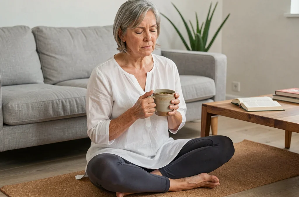 Femme retraitée buvant une tisane aux plantes pour soulager ses douleurs articulaires naturellement