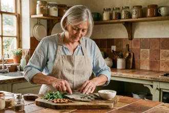 Femme de 68 ans préparant des aliments riches en calcium et en vitamine D dans une cuisine rustique française pour la santé osseuse