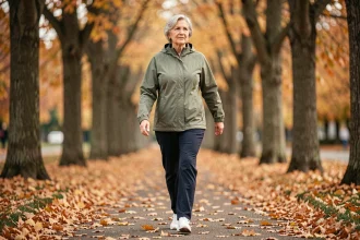 Femme de 68 ans marchant d'un pas vif dans un parc en automne pour préserver sa mobilité