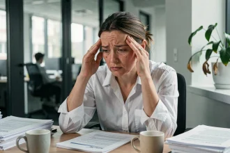 Femme stressée au bureau se tenant les tempes, entourée de documents, illustrant l'impact du stress chronique sur la santé