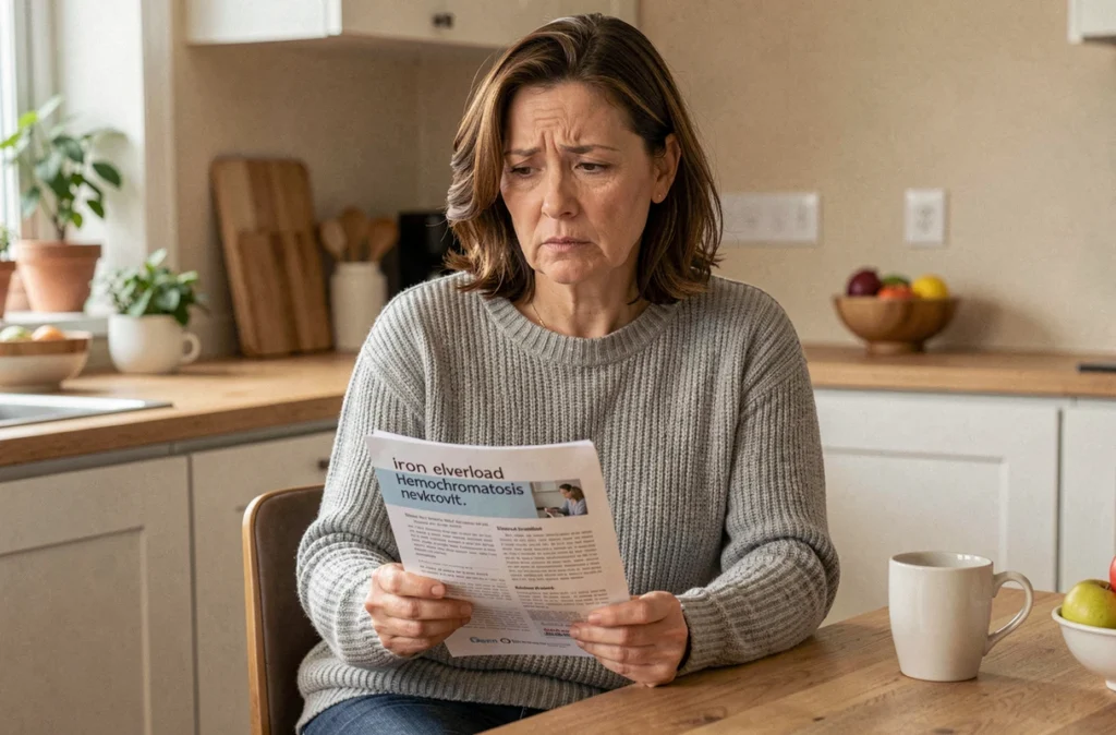 Femme lisant une brochure sur la surcharge en fer et l'hémochromatose à son domicile, exprimant une inquiétude naturelle