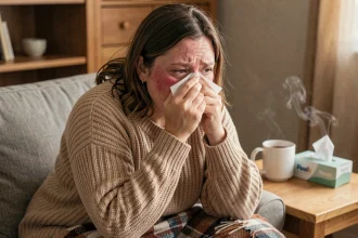 Femme enrhumée assise sur un canapé avec un mouchoir, illustrant les symptômes du rhume versus la grippe saisonnière