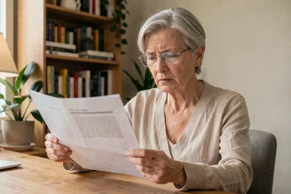 Femme de 60 ans portant des verres progressifs en train de lire un document à son bureau à domicile