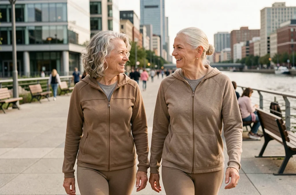 Deux femmes seniors marchant ensemble le long d'une promenade urbaine pour rester actives et préserver leur mobilité
