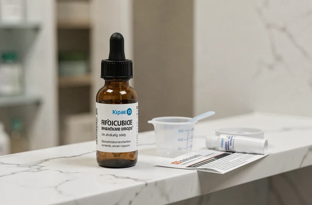 Flacon de gouttes médicamenteuses avec notice et dosette sur une étagère de salle de bain, illustrant la posologie et le risque de surdosage