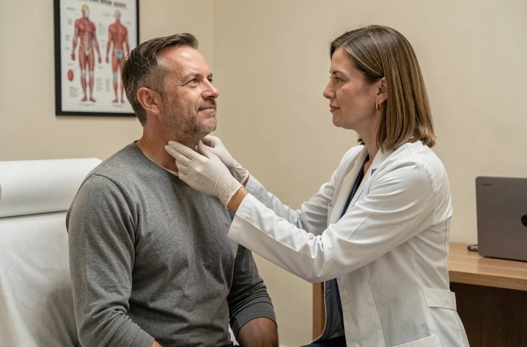 Médecin palpant le ganglion sous la mâchoire d'un patient lors d'une consultation médicale